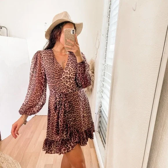 Ganni Animal Print Mesh Mini Wrap Dress Size Small 36 - Picture 7 of 15